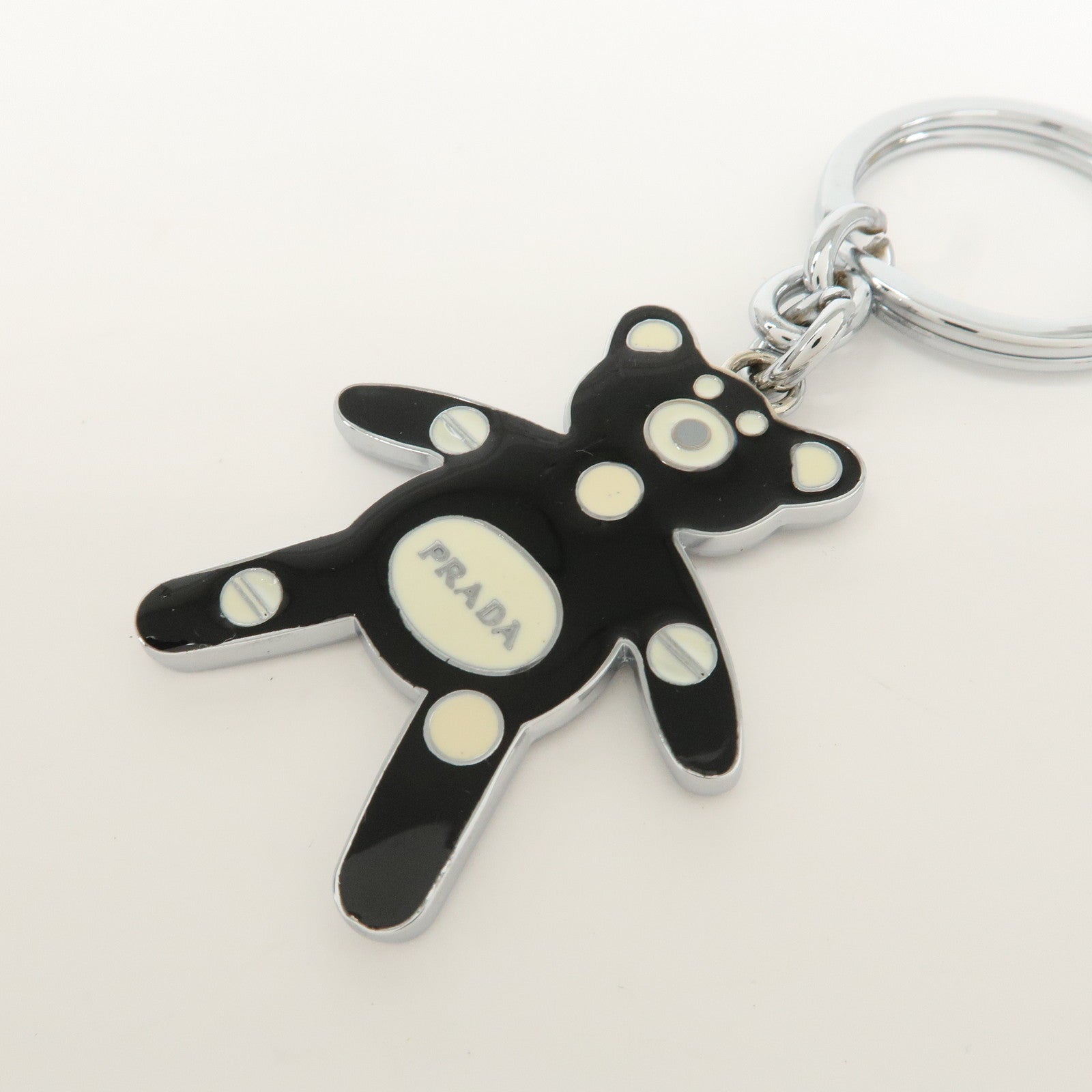 PRADA Metal Bear Bag Charm Key Chain Black Silver 1AJB11