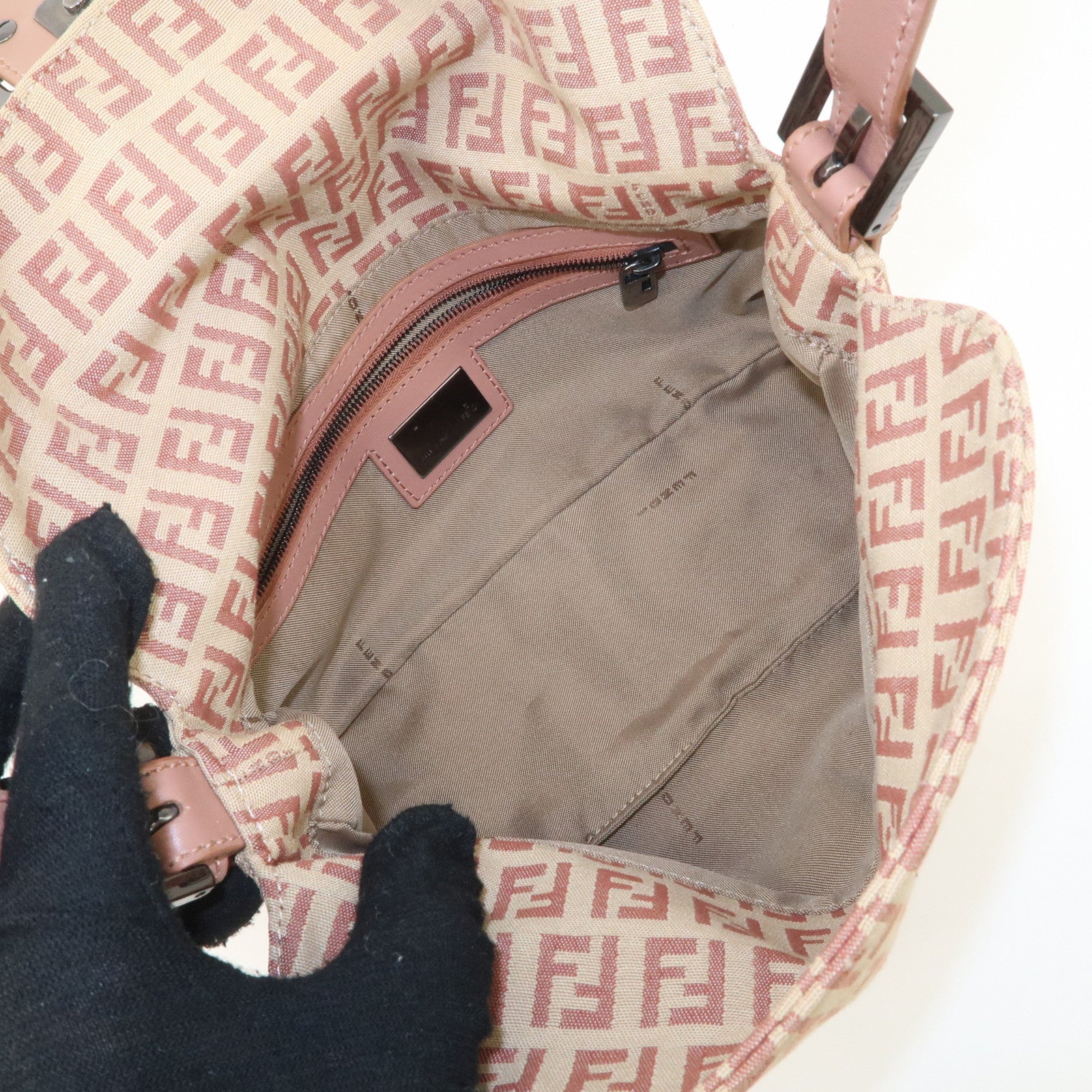 FENDI Mamma Baguette Zucchino Canvas Leather Pink Beige 8BR003 Used
