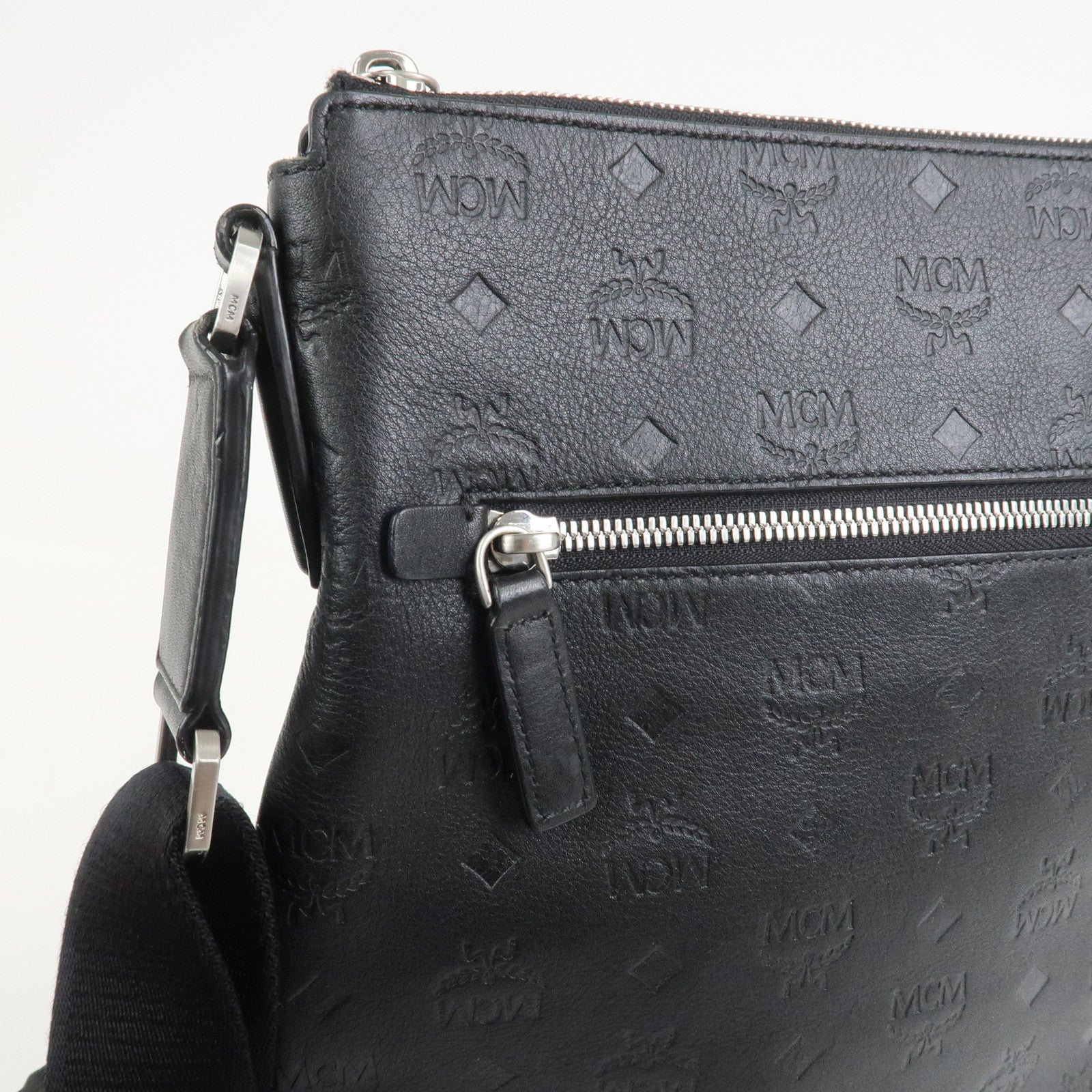 MCM Visetos Embossed Leather Shoulder Bag Crossbody Bag Black