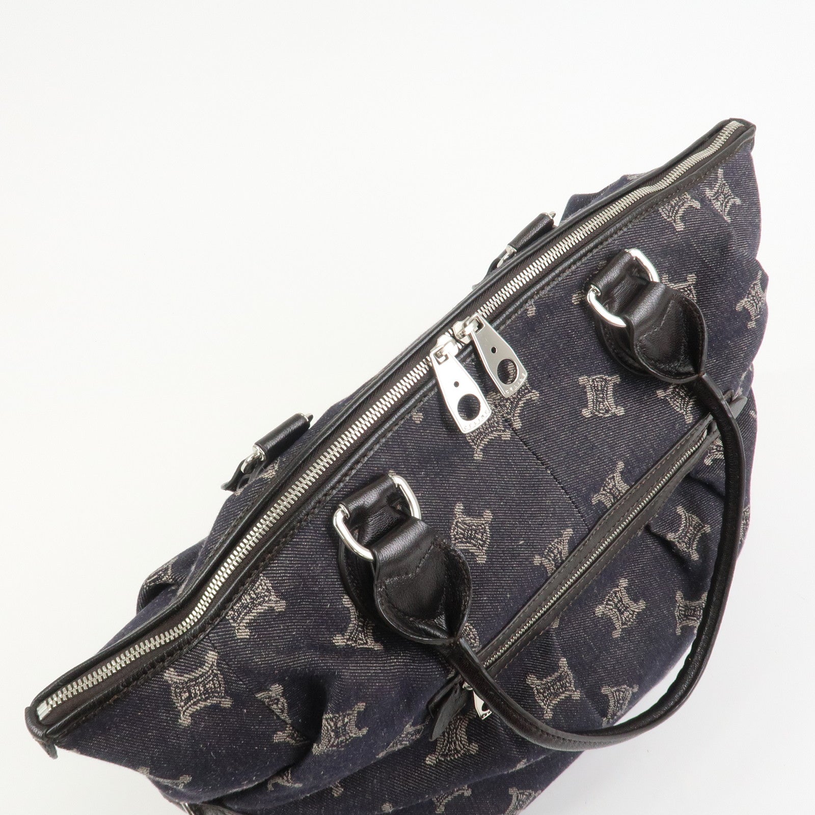 CELINE Macadam Denim Leather Tote Bag Hand Bag Navy Dark Brown