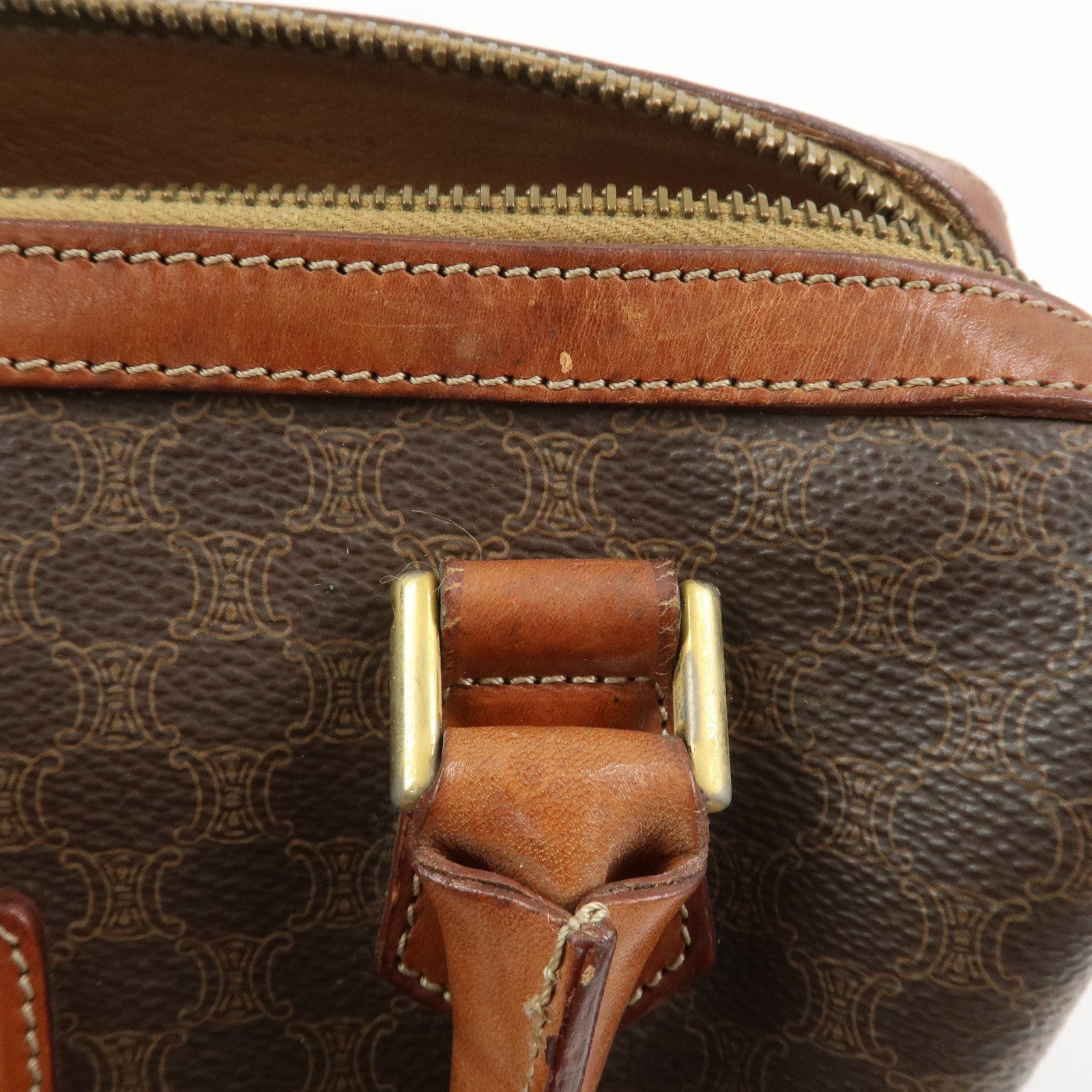 CELINE Macadam PVC Canvas Leather Boston Bag Hand Bag Brown