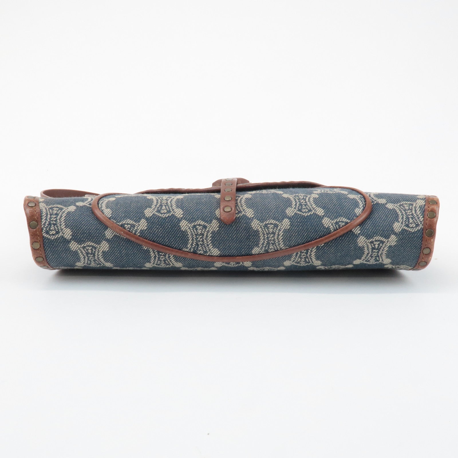 CELINE Macadam Denim Canvas Leather Shoulder Bag Blue Brown Used