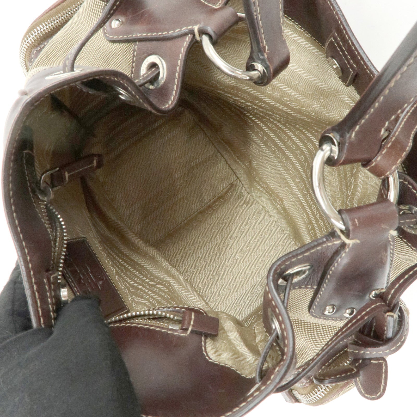 PRADA Logo Jacquard Canvas Embossed Leather Shoulder Bag BR3433