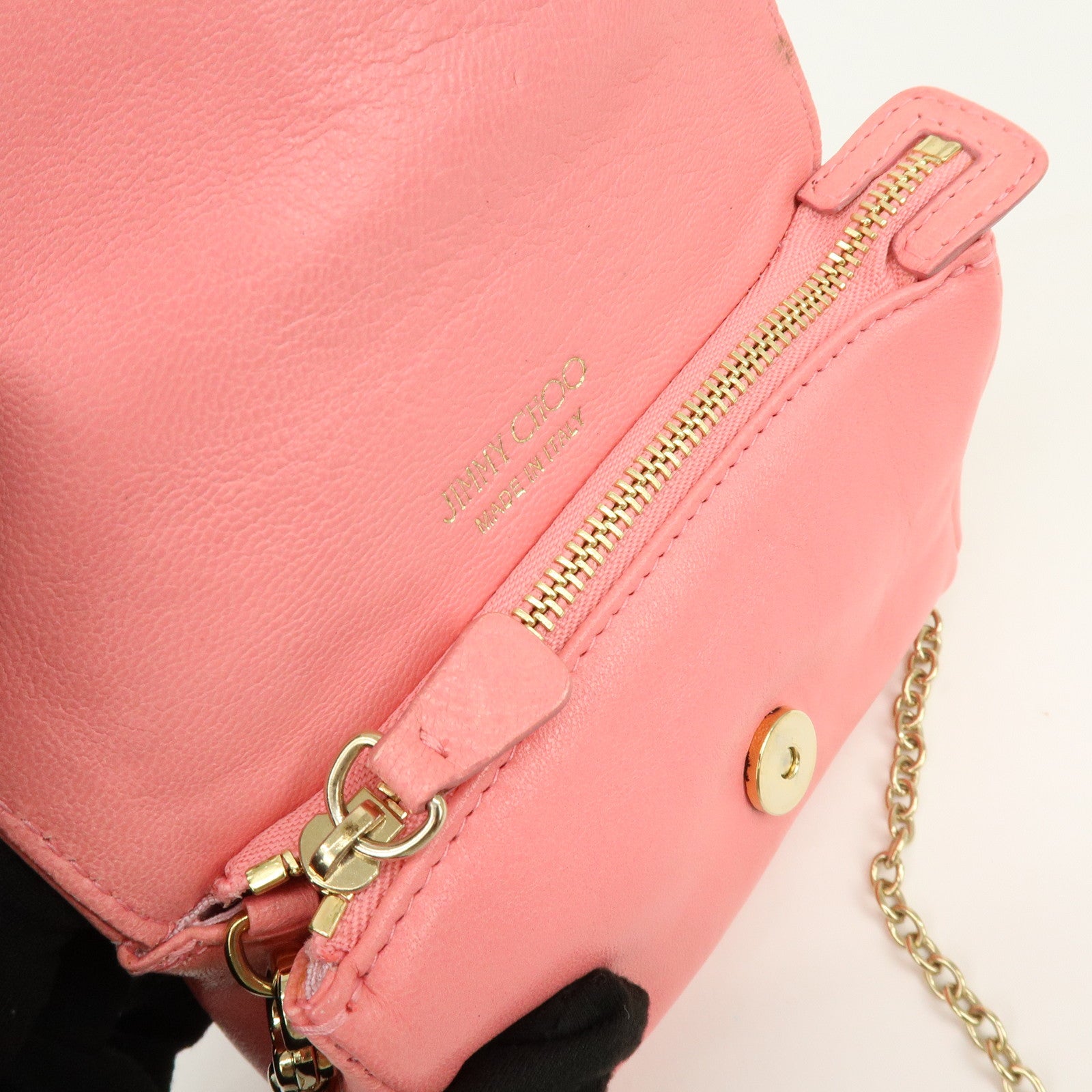 JIMMY CHOO Studs Leather Chain Shoulder Bag Crossbody Bag Pink