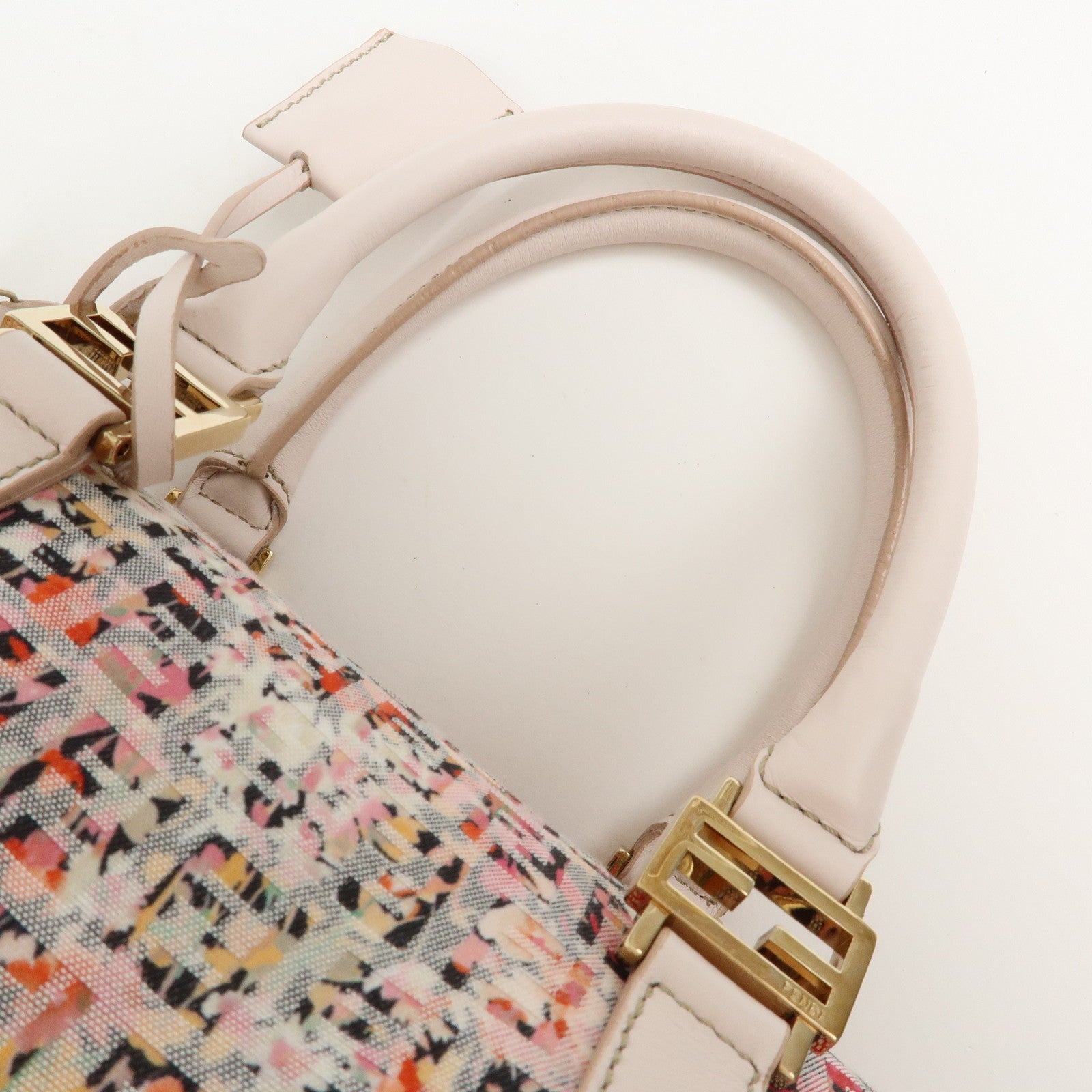 FENDI Zucchino Flower Print Canvas Leather Boston Bag Pink 8BL068