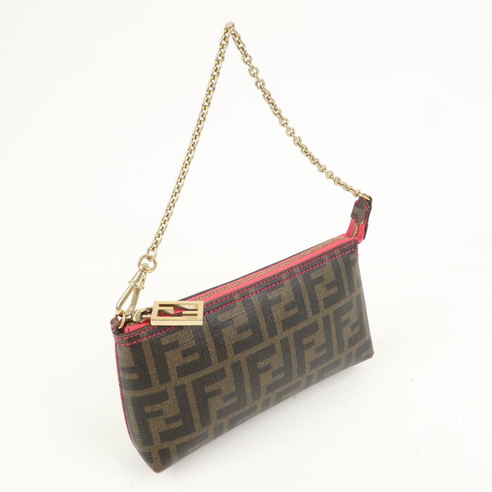 FENDI Zucca PVC Chain Accessory Pouch Hand Bag Brown 8BR592