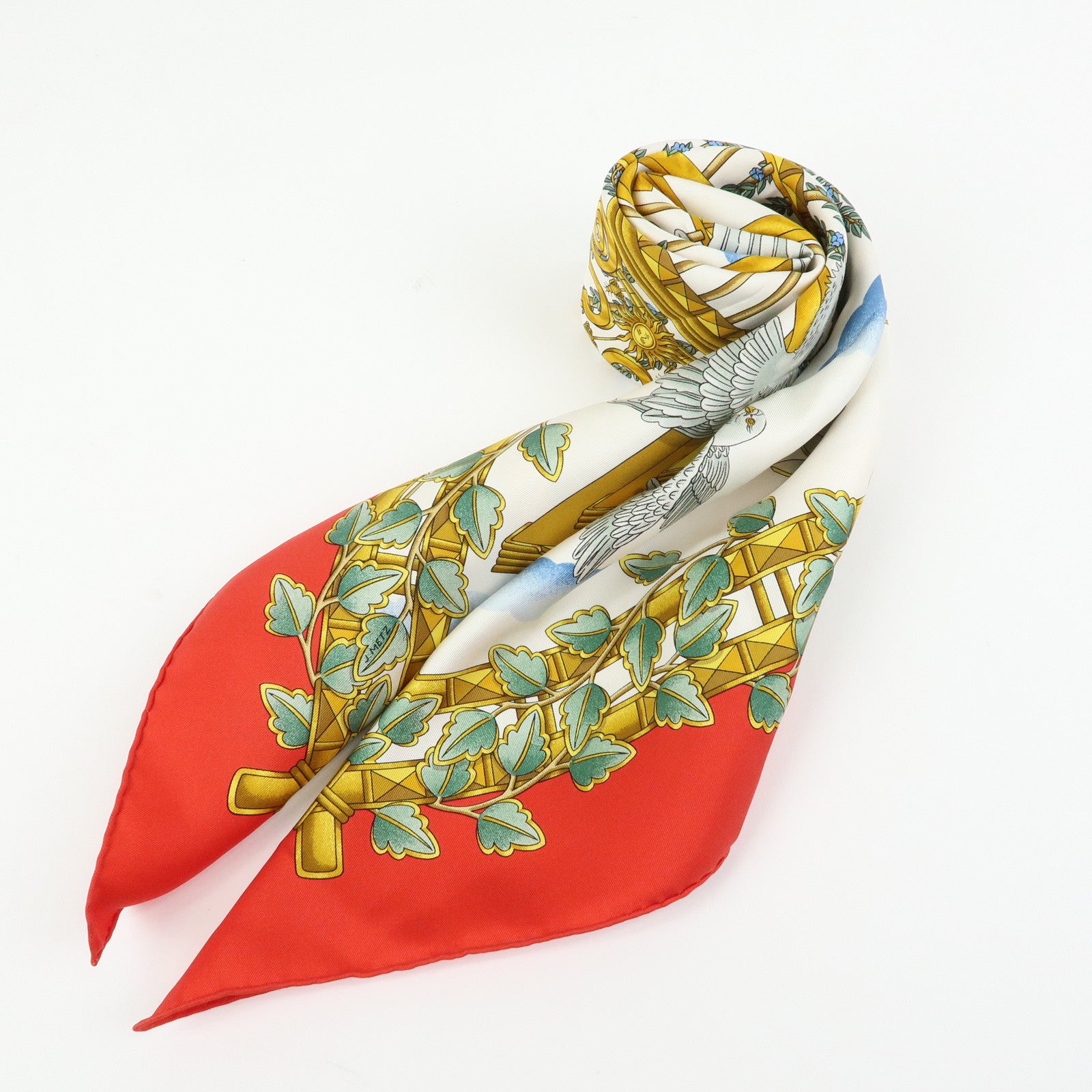 HERMES Carre 90 Silk 100% Scarf ENVOL Bird Print Red White