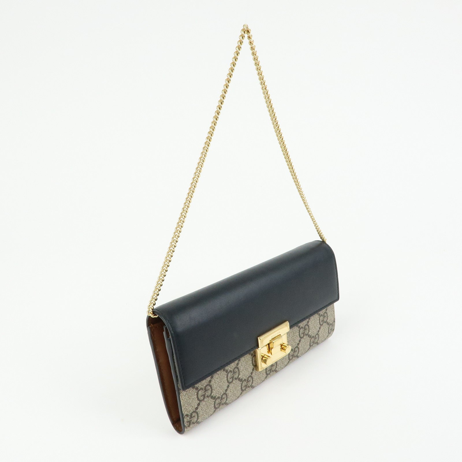 GUCCI GG Supreme Leather Chain Long Wallet WOC Beige Black 453506