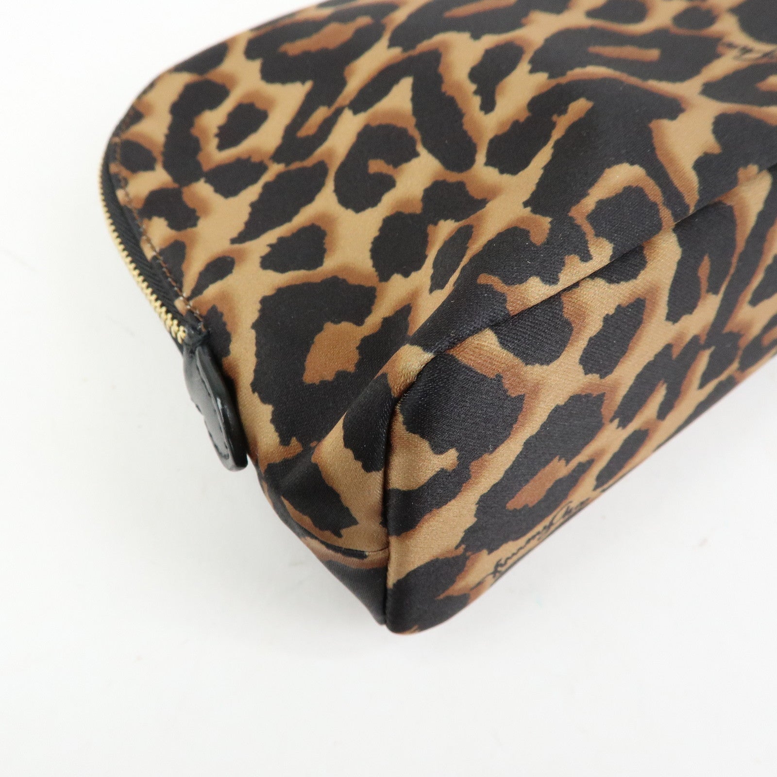 JIMMY CHOO Nylon Leather Leopard Clutch Pouch Makeup Bag Brown
