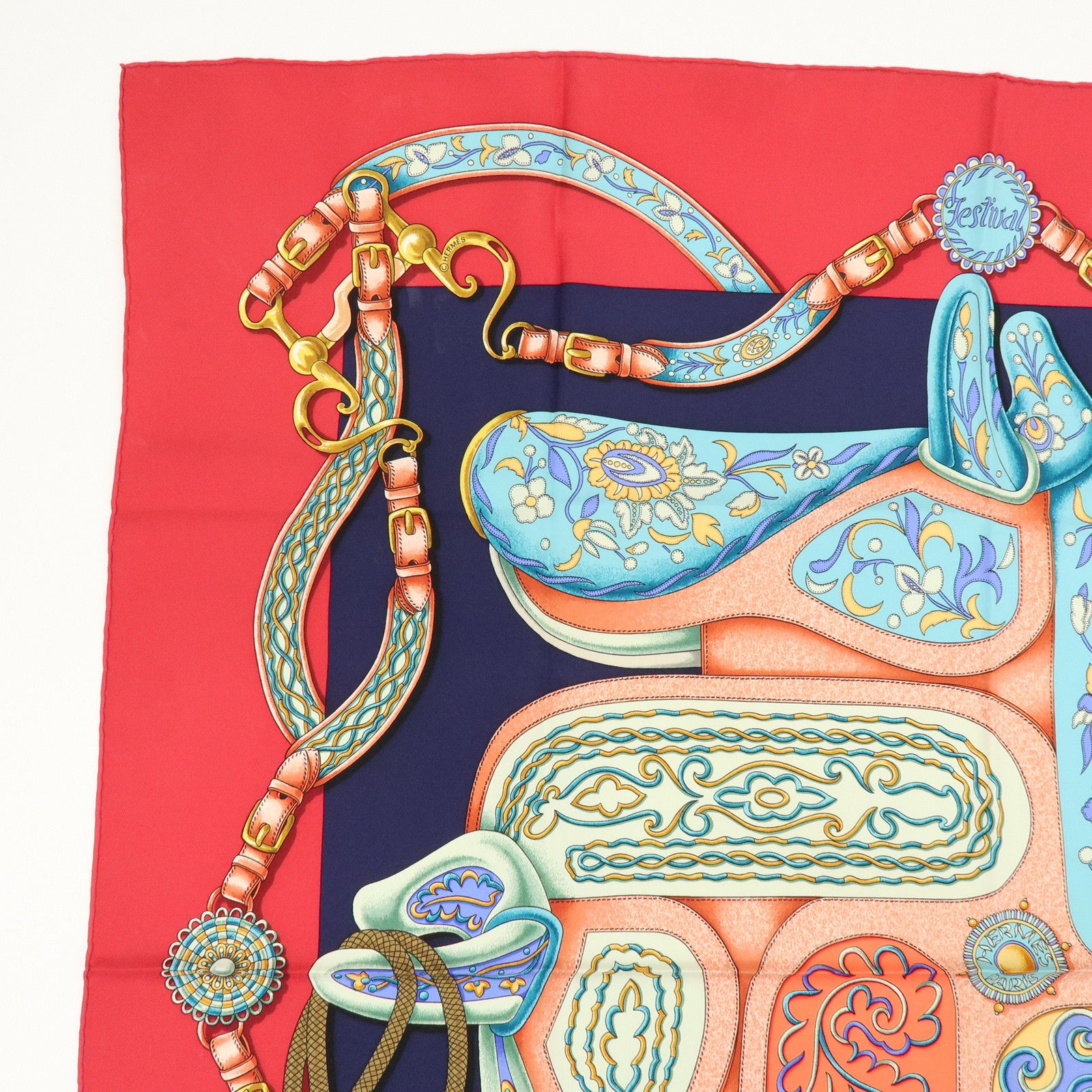 HERMES Carre 90 Silk 100% Scarf Festival Red Pink Blue