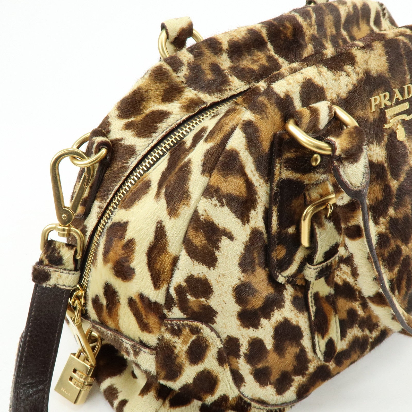PRADA Pony Hair Leopard 2Way Boston Bag Shoulder Bag Brown BL0429