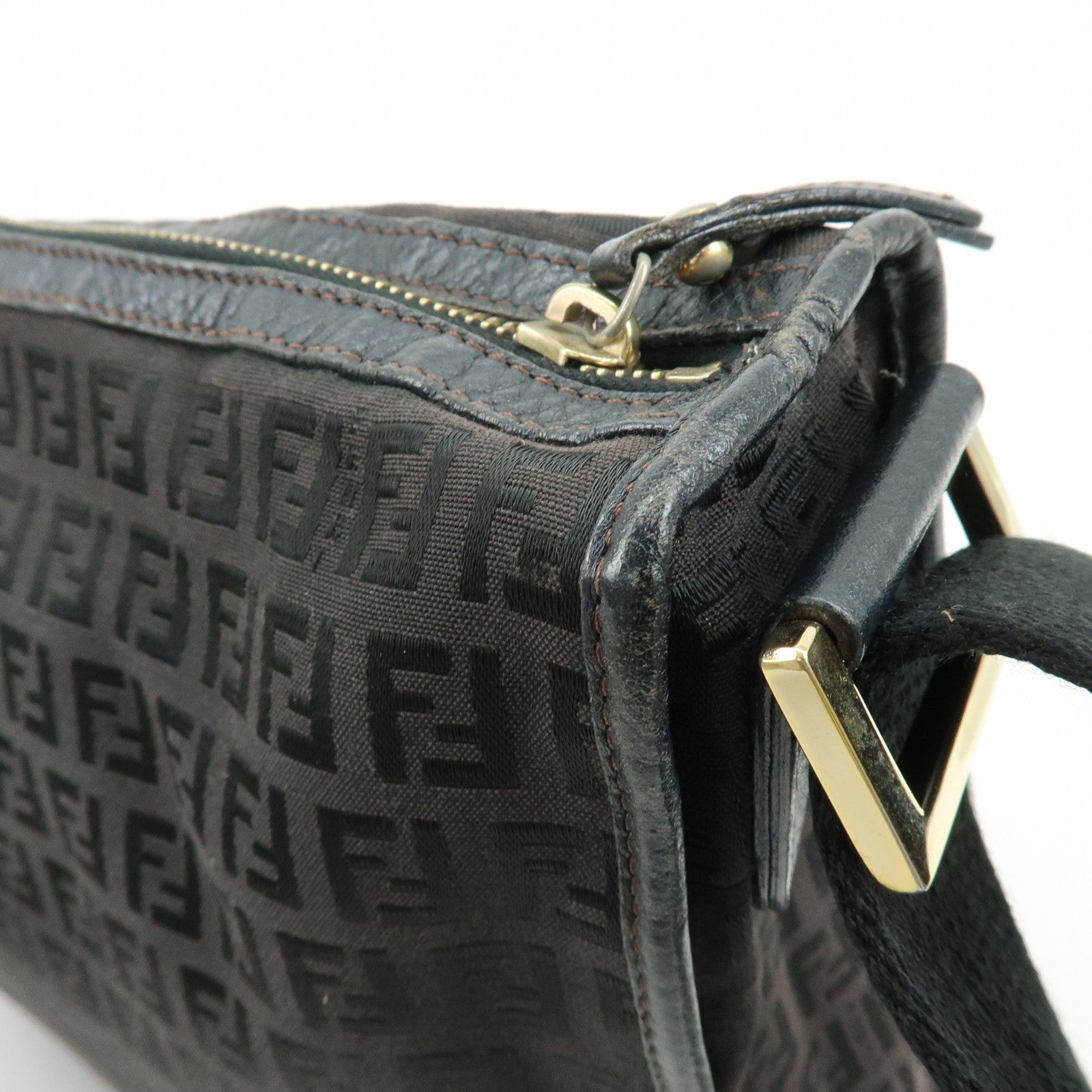 FENDI Zucchino Canvas Leather Shoulder Bag Dark Brown 8BT090