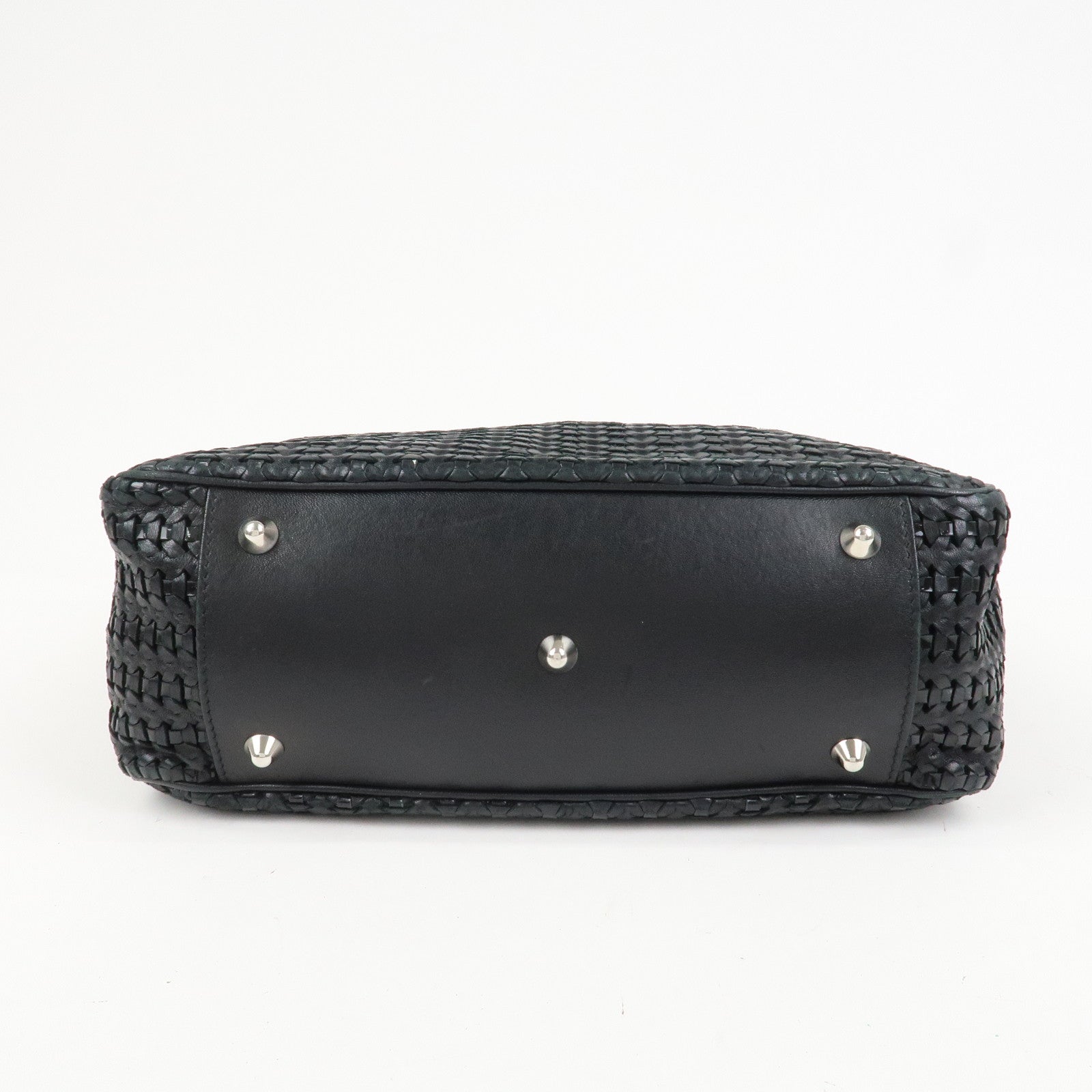 Christian Dior Woven Leather Logo Charm Chain Tote Bag Black