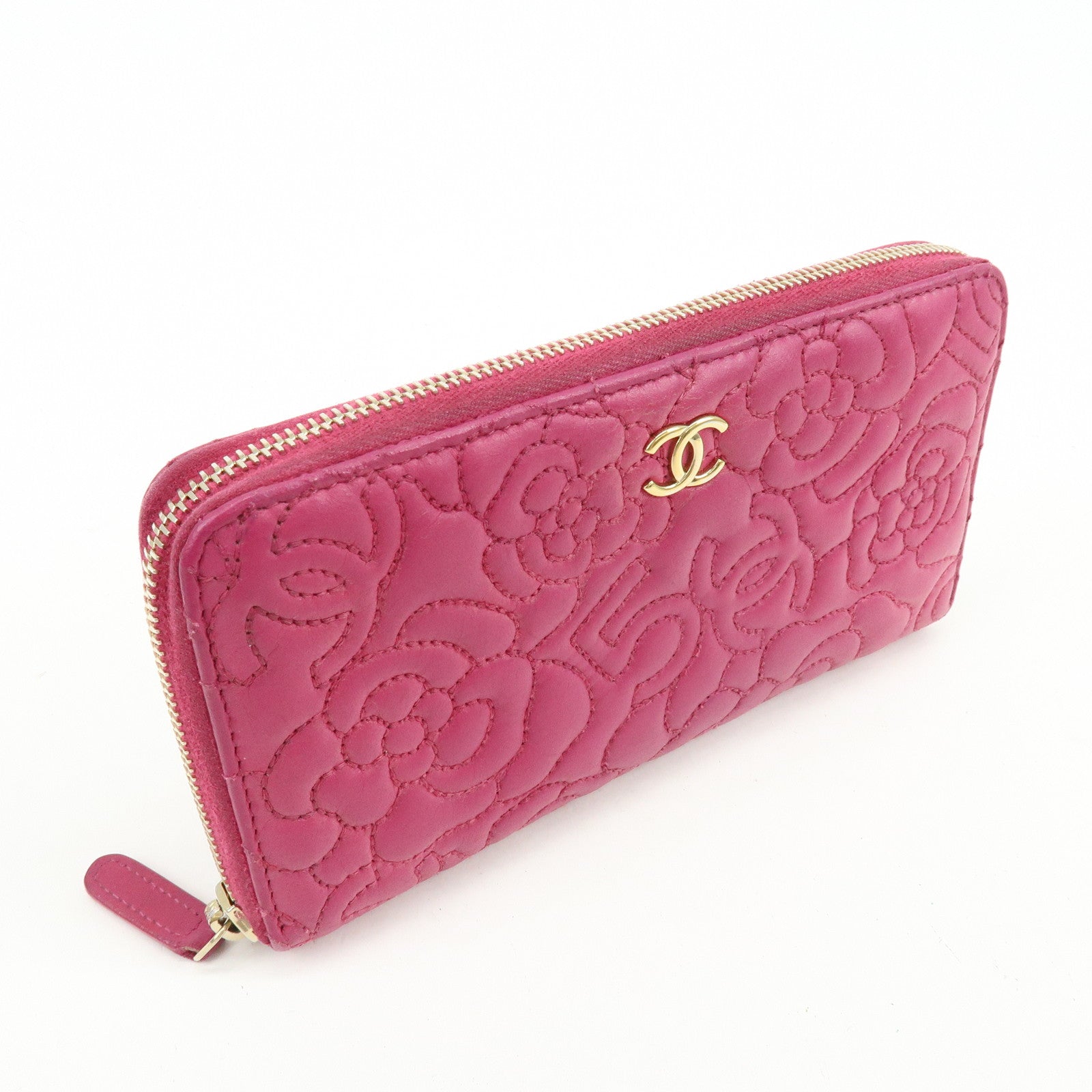 CHANEL Camellia No.5 COCO Mark Calf Leather Zippy Long Wallet Pink