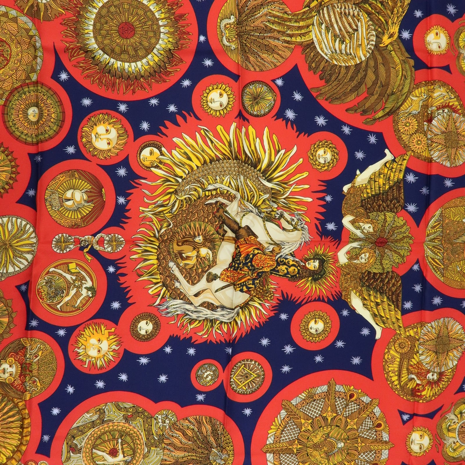 HERMES Carre 90 Silk 100% Scarf LE ROY SOLEIL Navy Red Yellow