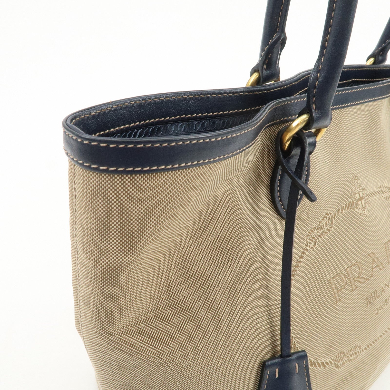 PRADA Logo Jacquard Leather Tote Bag Shoulder Bag Beige 1BG158