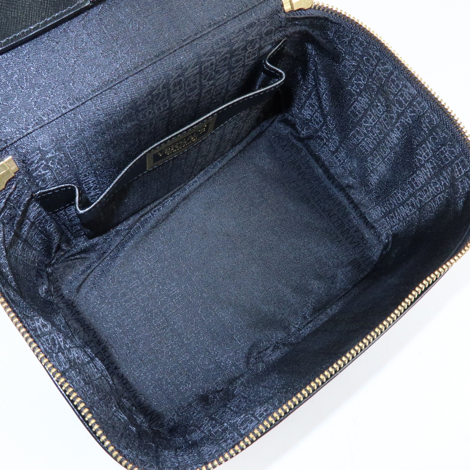 GIANNI VERSACE Leather Hand Bag Vanity Case Gold Charm Black