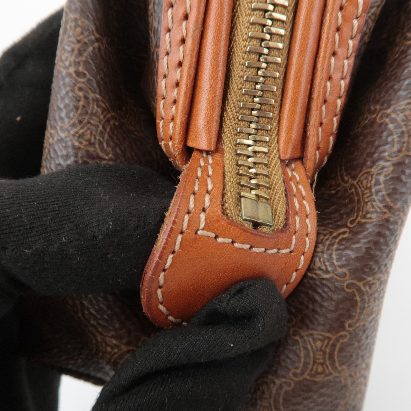 CELINE Macadam PVC Leather Canvas Pouch Brown Gold Hardware
