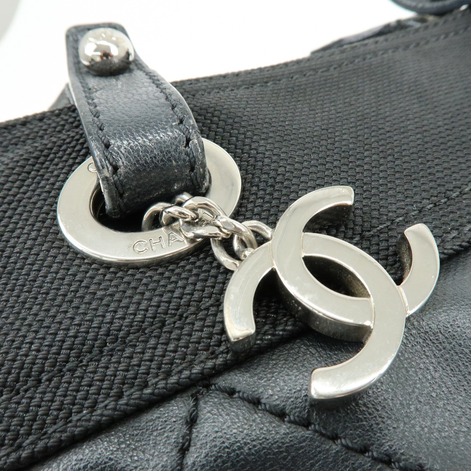CHANEL Paris Biarritz PM PVC Canvas Leather Tote Bag Black A34208