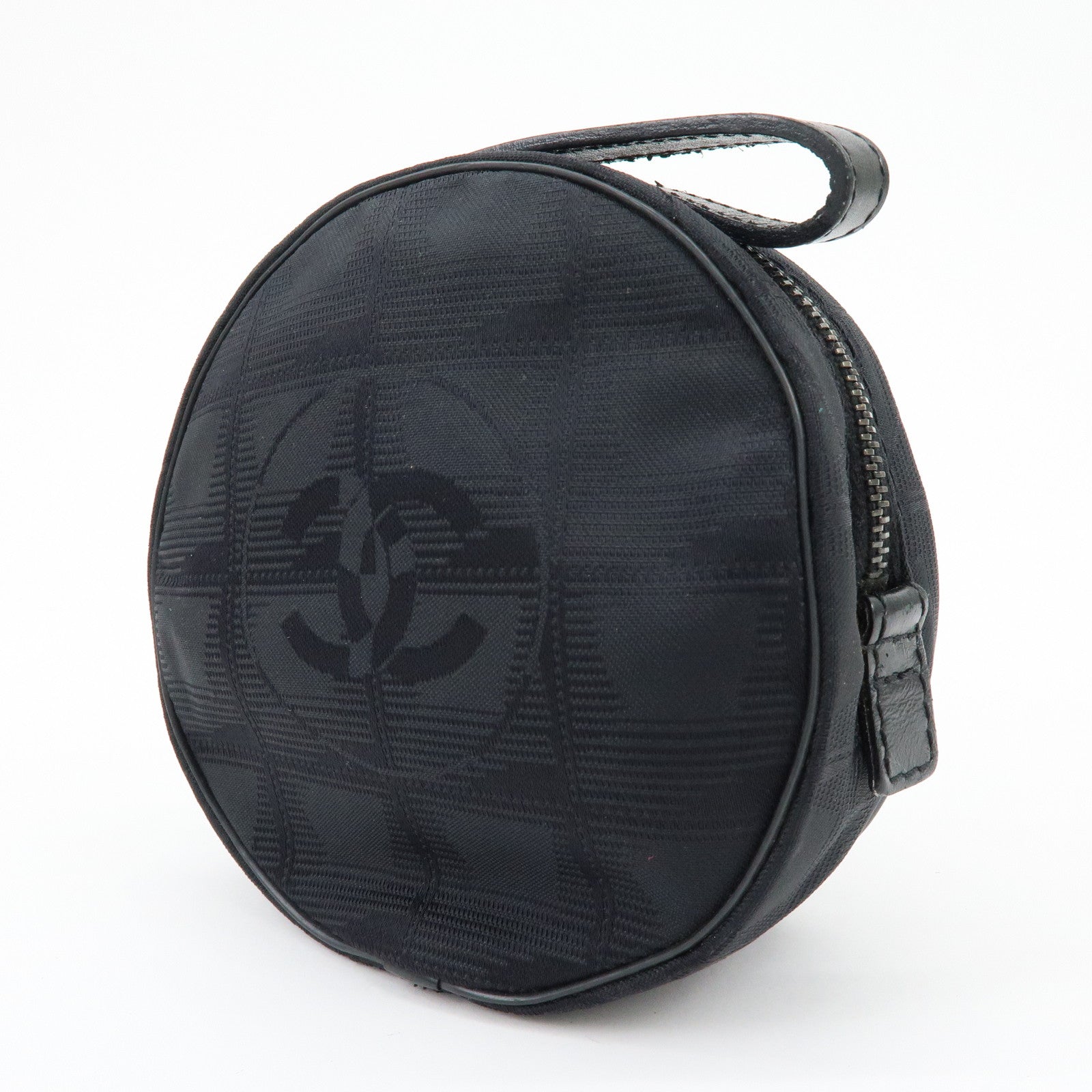 CHANEL New Travel Line Nylon Jacquard Leather Cosmetic Pouch Black