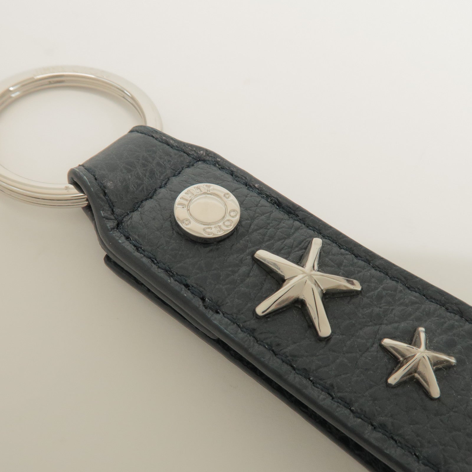 JIMMY CHOO Leather Bag Charm Key Chain Star Motif Navy