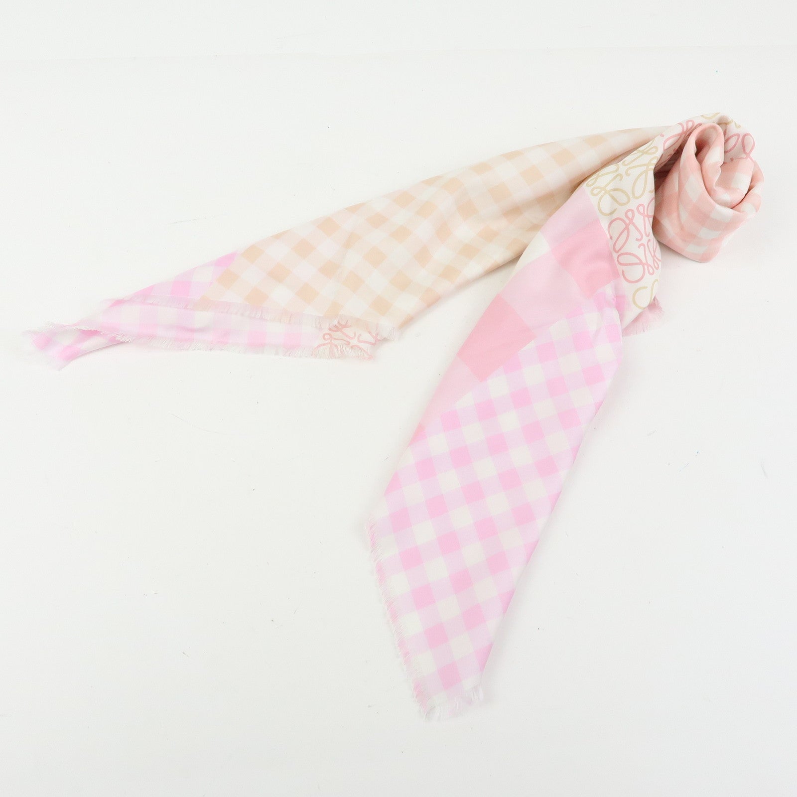 LOEWE Anagram Silk 100% Scarf Gingham Check Pink Beige