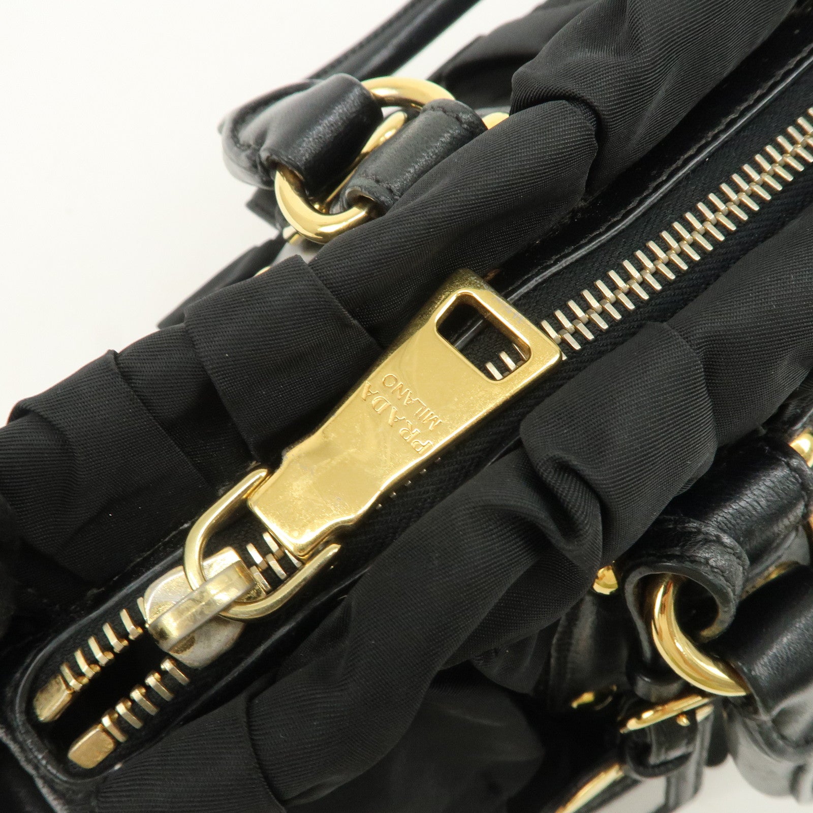 PRADA Nylon Leather Gathered 2Way Hand Shoulder Bag Black BN1407
