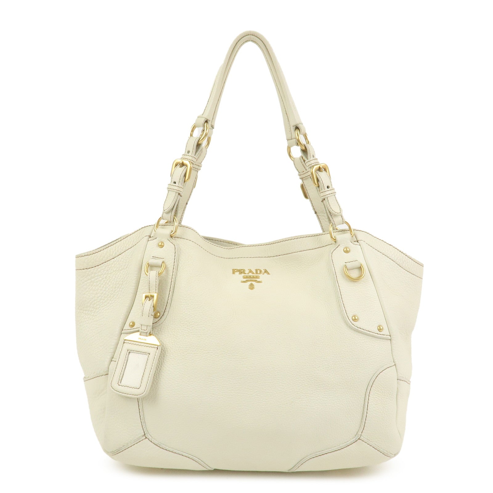 PRADA Logo Calf Leather Tote Bag Shoulder Bag Ivory BR3844