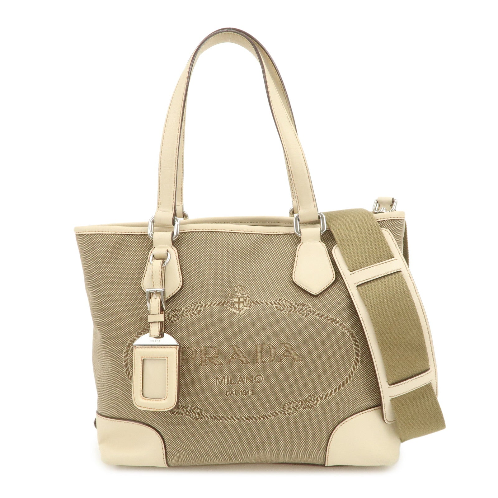PRADA Logo Jacquard Leather 2Way Shoulder Bag Tote Bag Beige BR3414