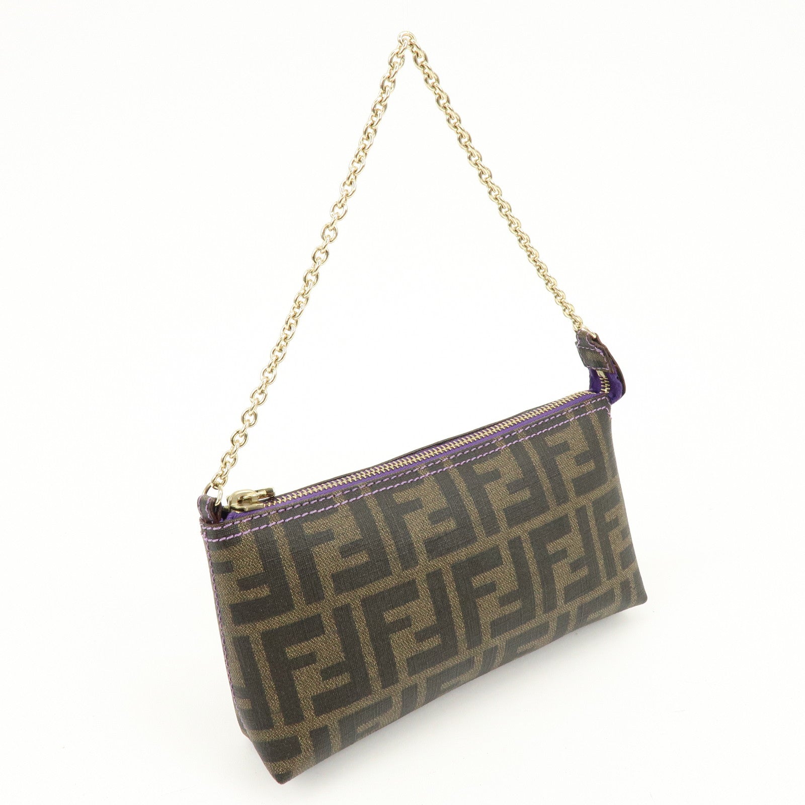 FENDI Zucca Print PVC Chain Accessory Pouch Brown Purple 8BR592