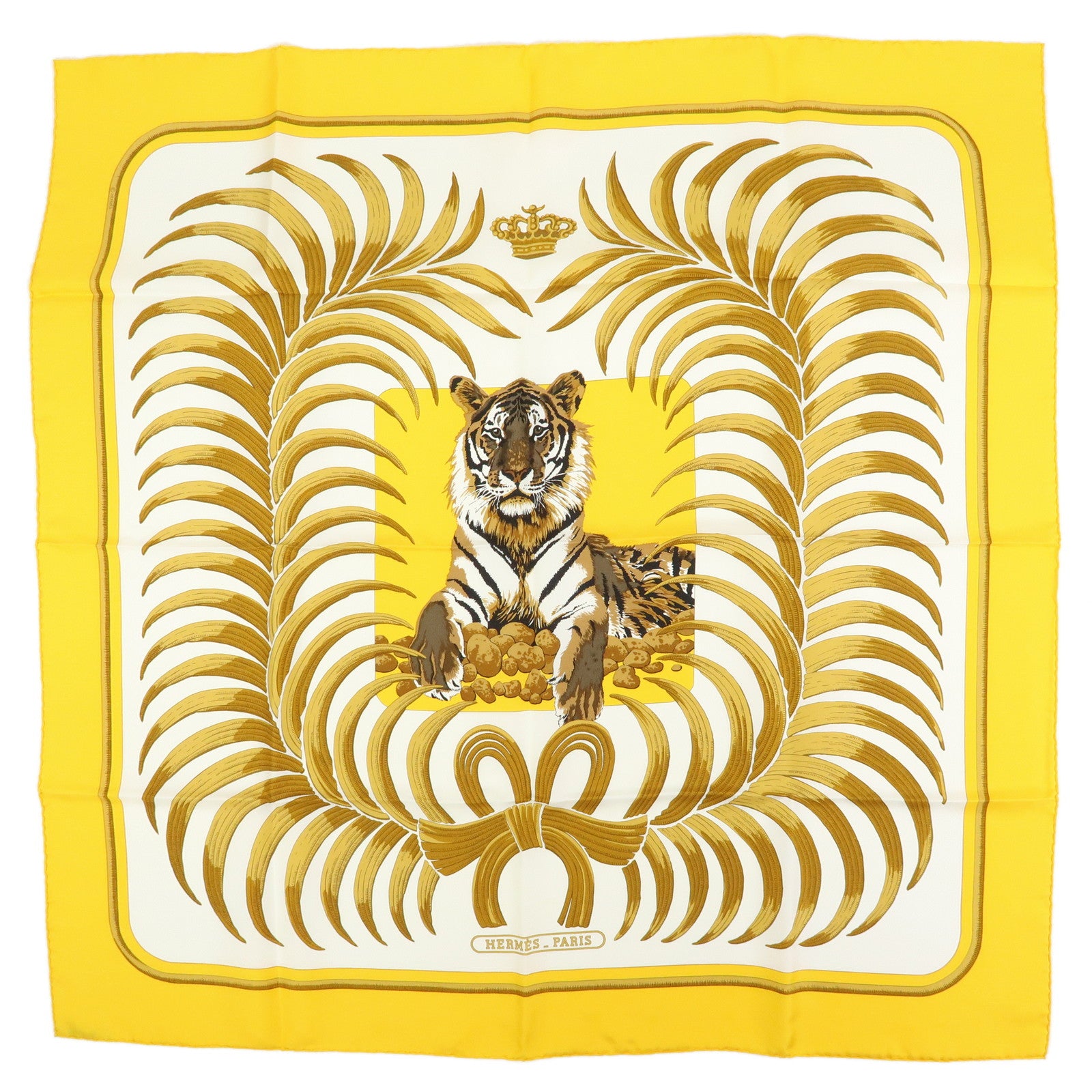HERMES Carre 90 Silk100% Scarf Tigre Royal White Yellow Brown