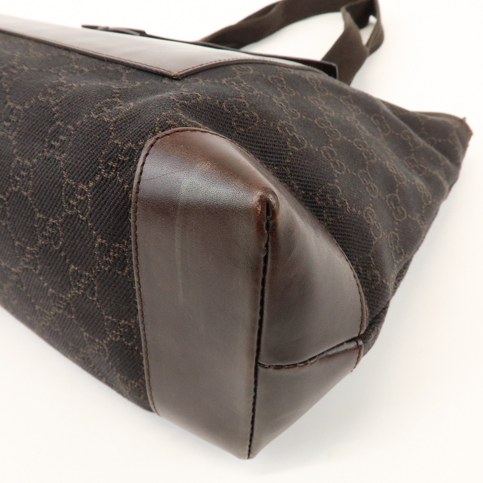 GUCCI GG Canvas Leather Tote Bag Shoulder Bag Dark Brown 34339