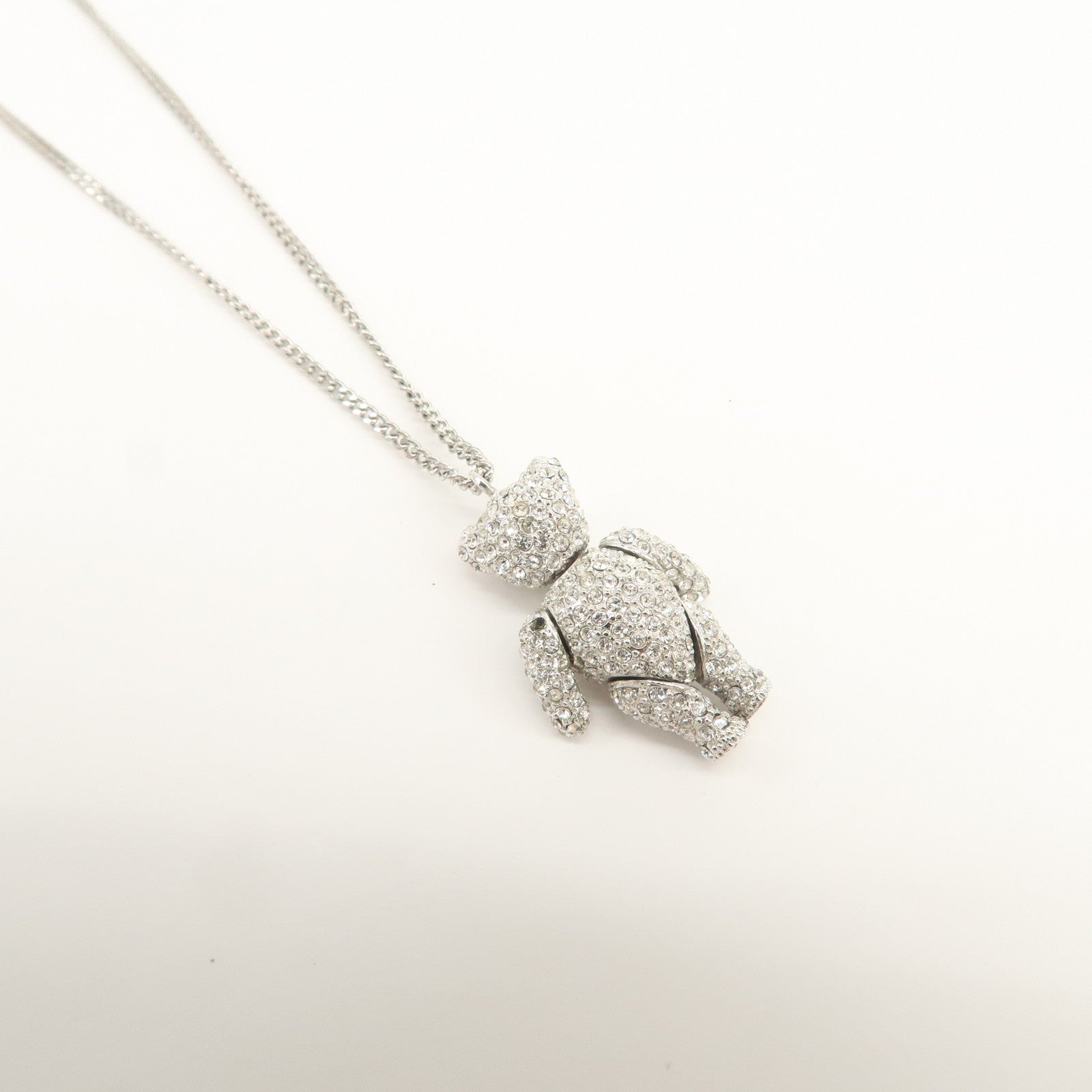 Christian Dior Logo Metal  Rhinestone Necklace Silver