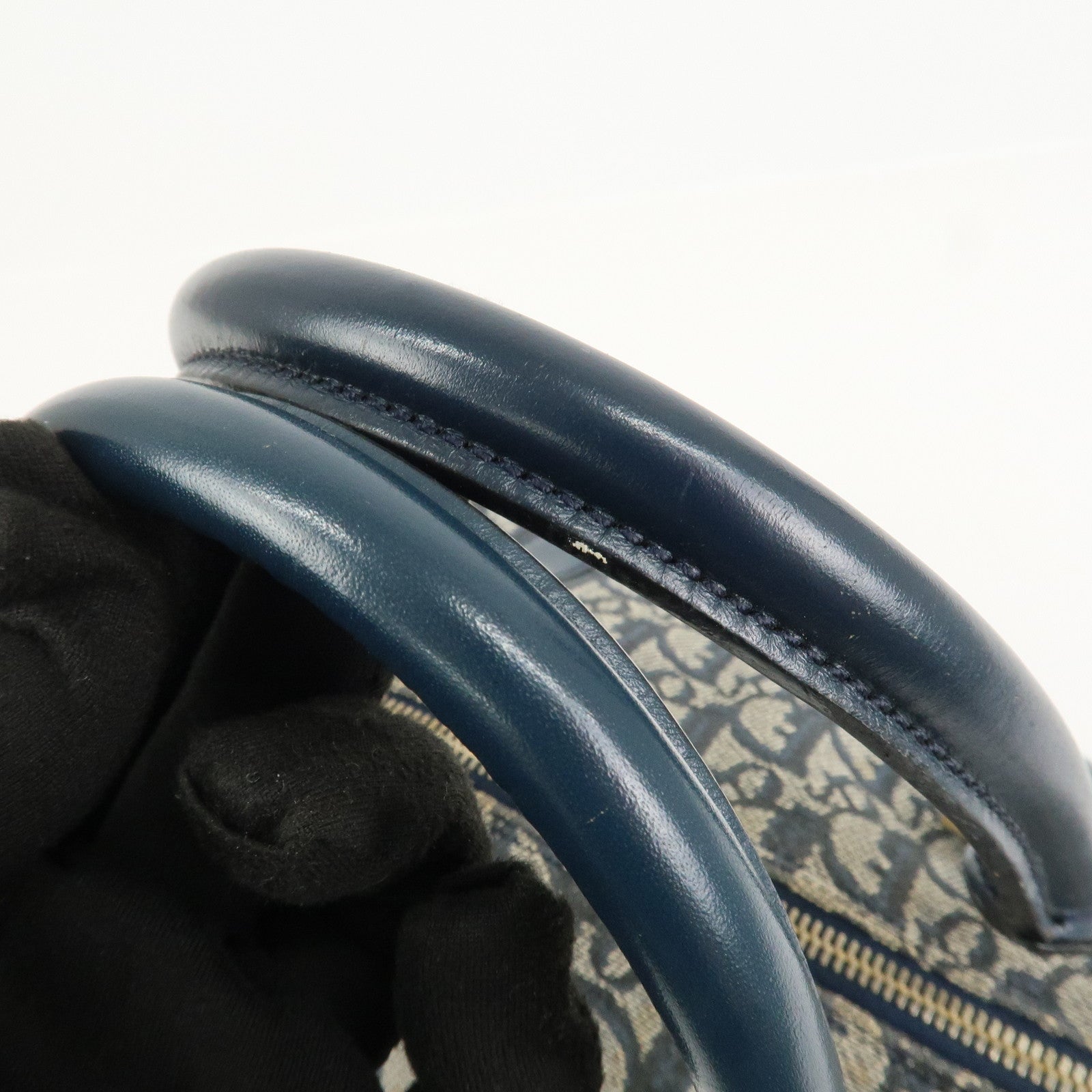 Christian Dior Oblique Canvas Leather Boston Bag Hand Bag Navy