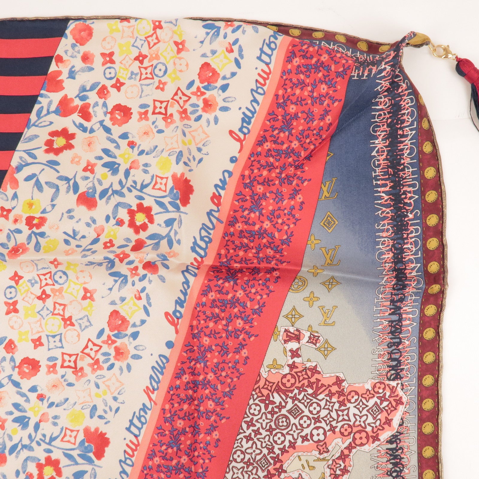 Louis Vuitton 100% Silk Scarf 65x65 Tassel Red Gold