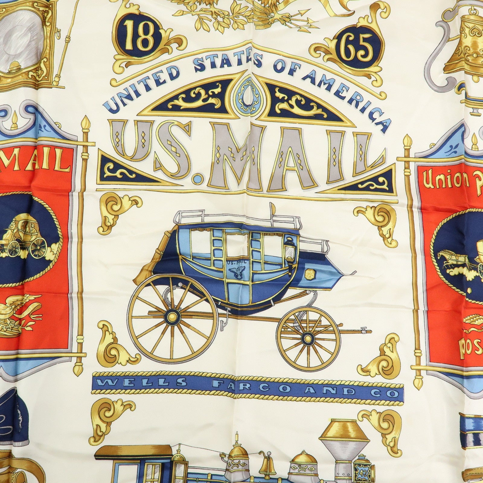 CELINE Silk Baltimore and Ohio Railroad Scarf 85x85 Red White Blue