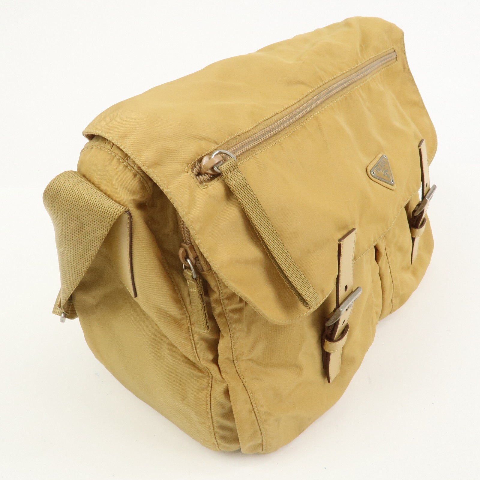 PRADA Triangle Logo Nylon Leather Shoulder Bag Crossbody Bag Beige