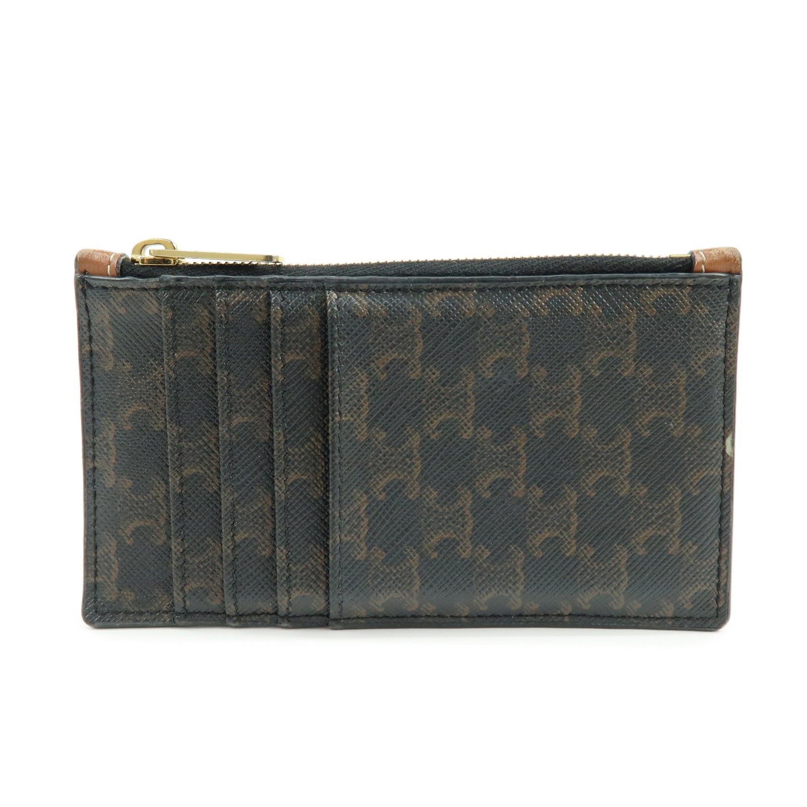 CELINE Triomphe Leather PVC Canvas Card Fragment Case Black Brown