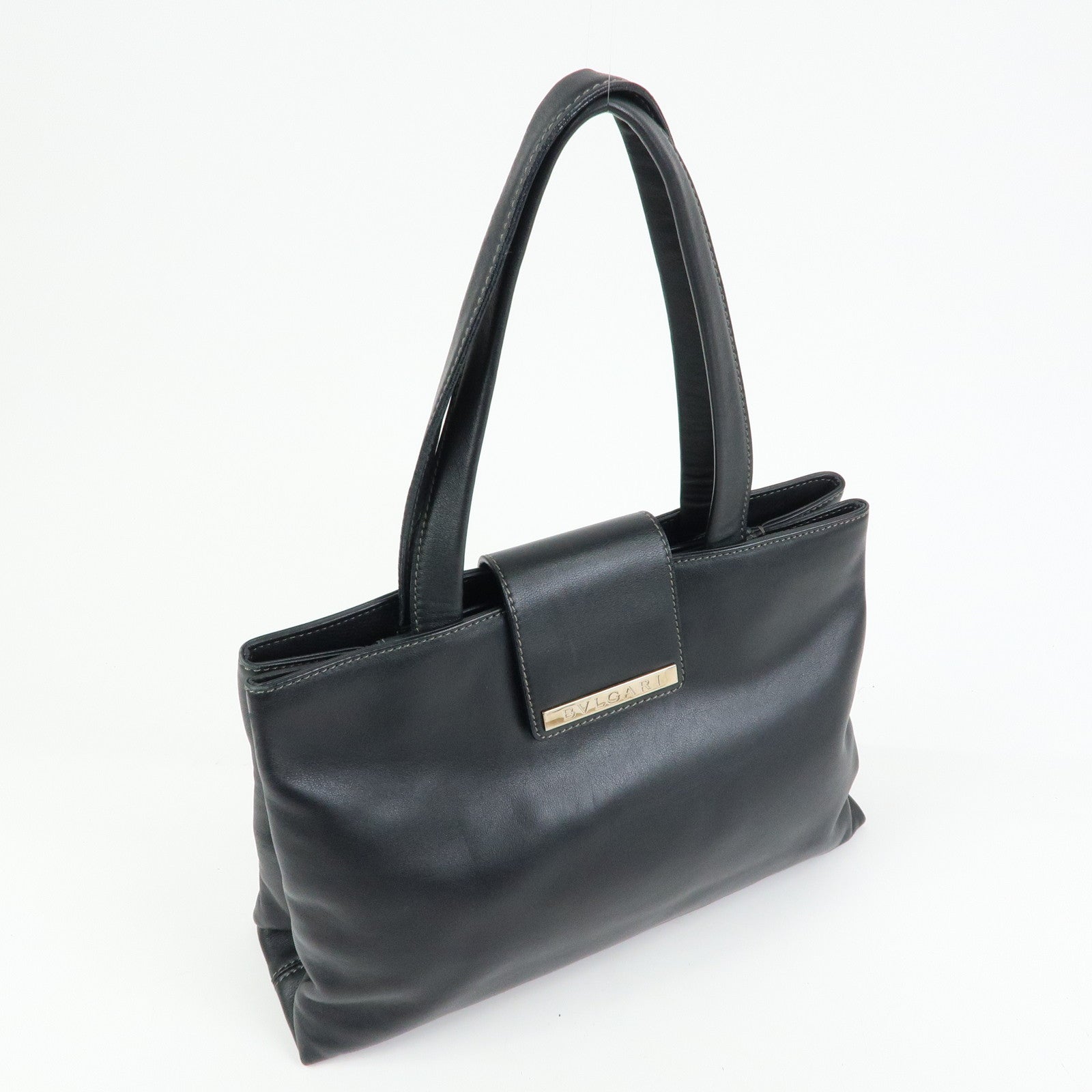 BVLGARI Leather Tote Bag Hand Bag Shoulder Bag Black