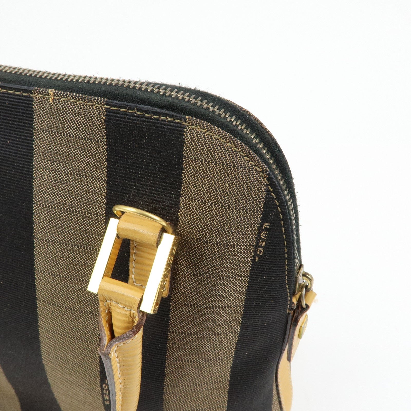 FENDI Pequin Canvas Leather 2Way Bag Hand Bag Shoulder Bag Brown