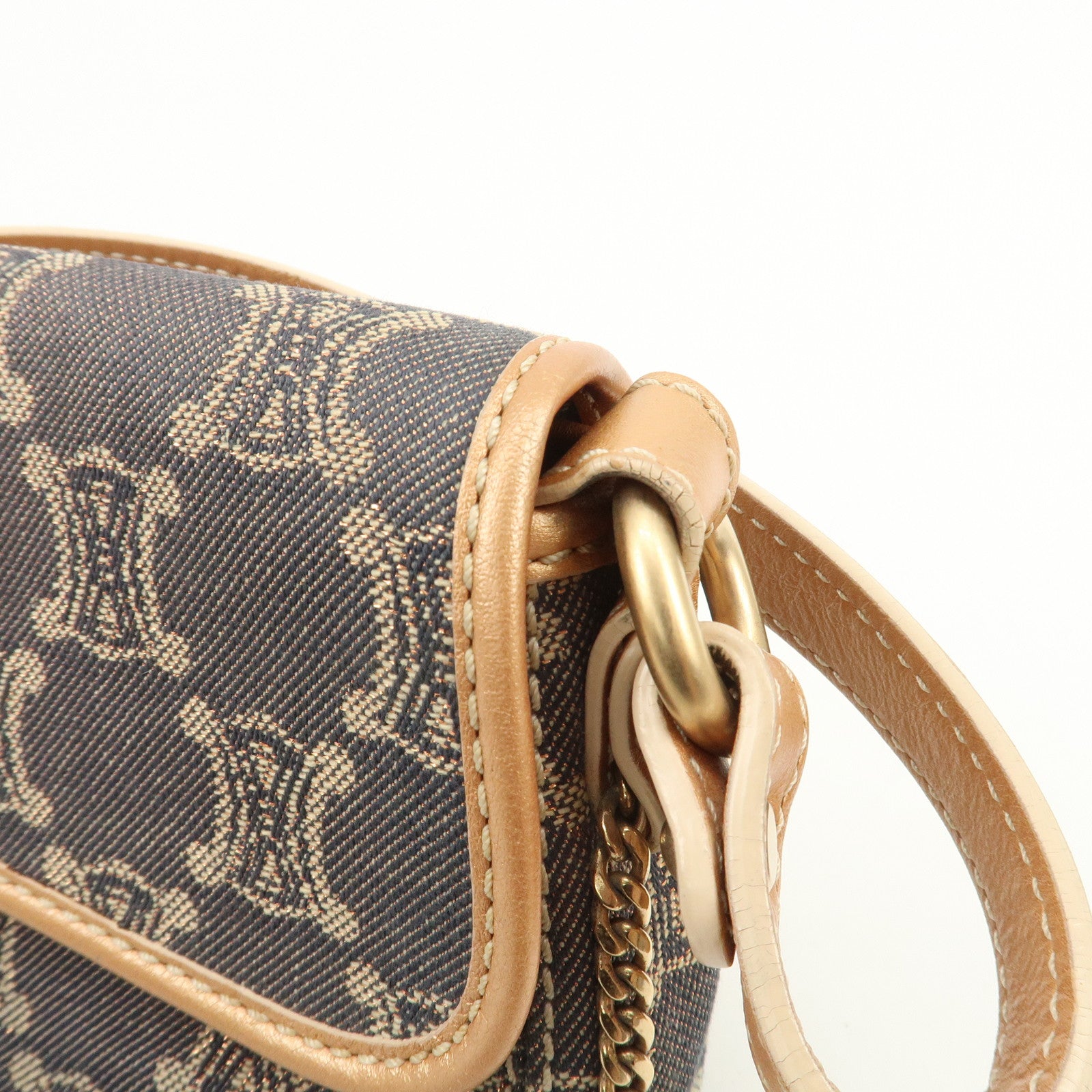 CELINE Macadam Denim Leather Shoulder Bag Metalic Pink Beige Navy