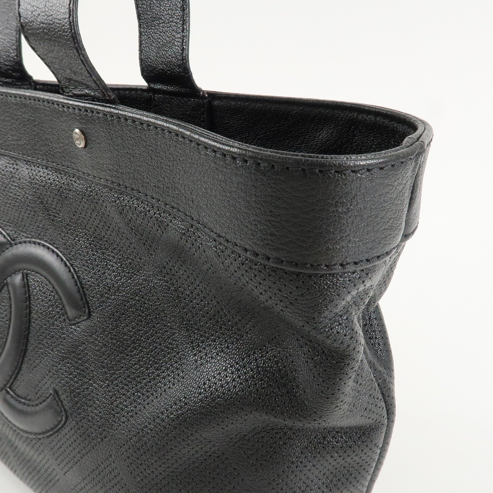 CHANEL COCO Mark Patent Leather Punchcing Tote Bag Shoulder Bag Black Used