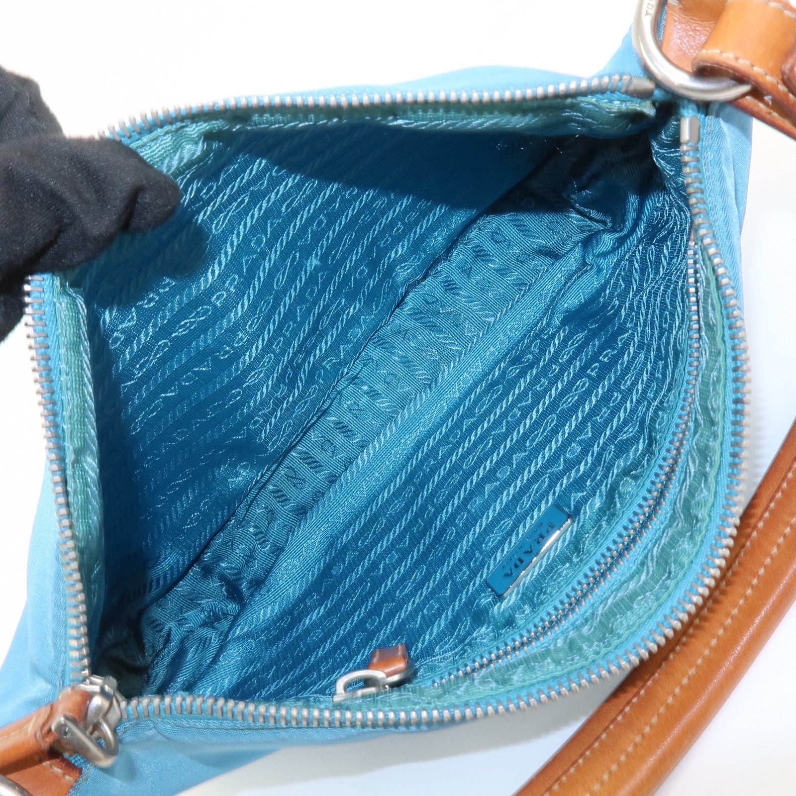 PRADA Triangle Logo Nylon Leather Shoulder Bag Blue Brown BR2205