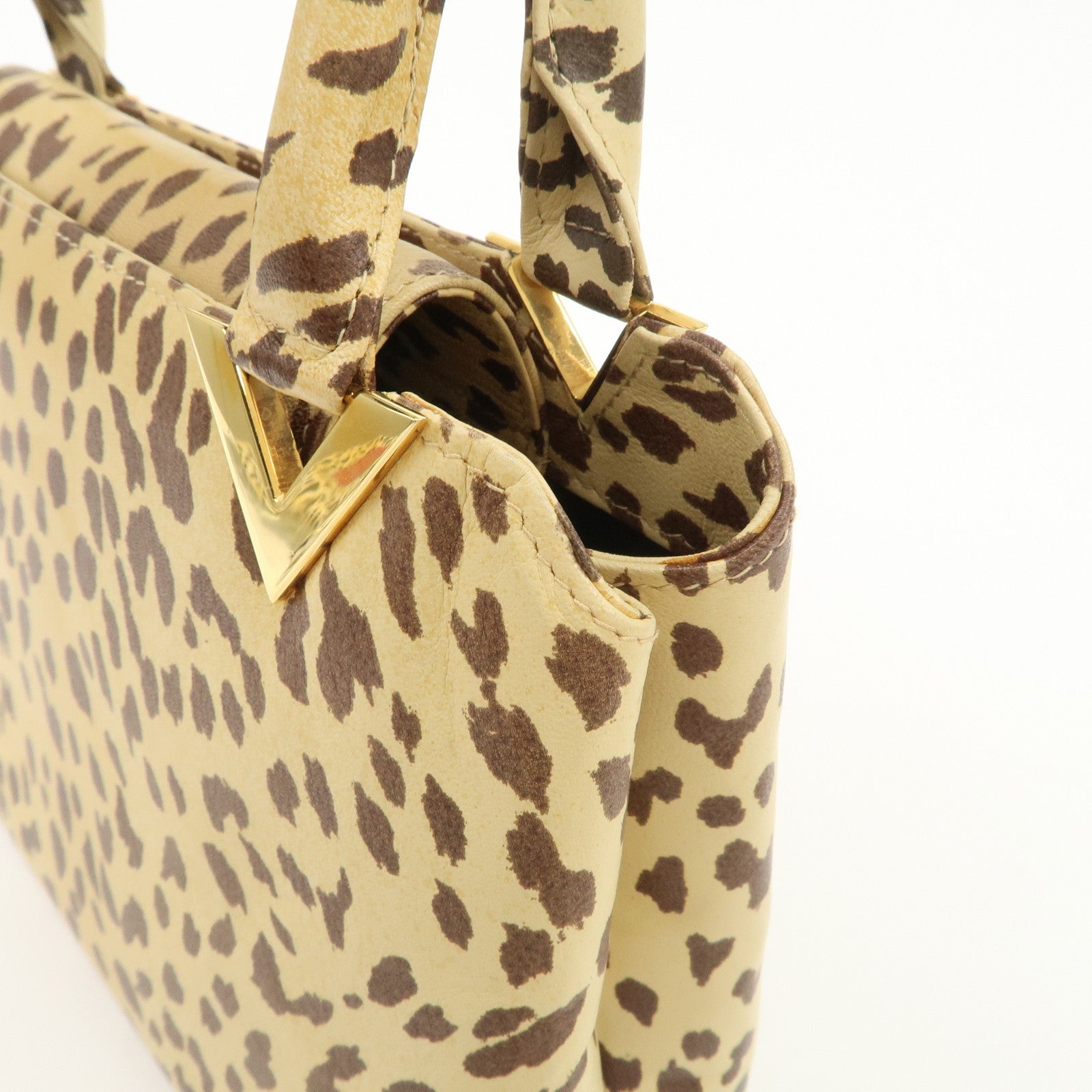 VALENTINO Leather Hand Bag Animal Leopard Beige Brown