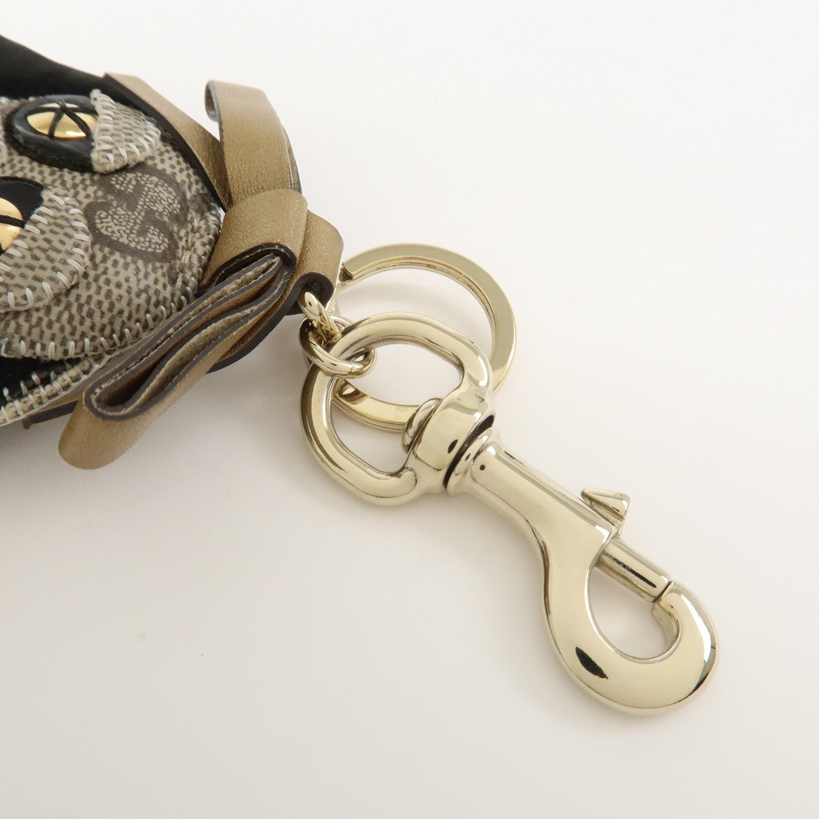 GUCCI GG Plus Suede Leather Bag Charm Key Chain Beige Black 206078