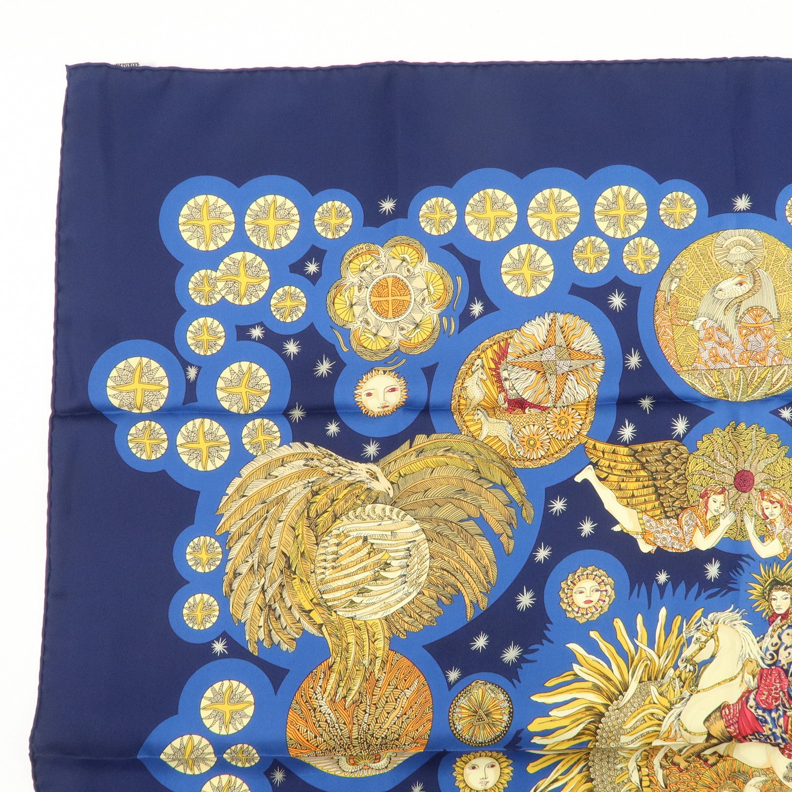 HERMES Carre 90 Silk 100% Scarf LE ROY SOLEIL Navy Yellow