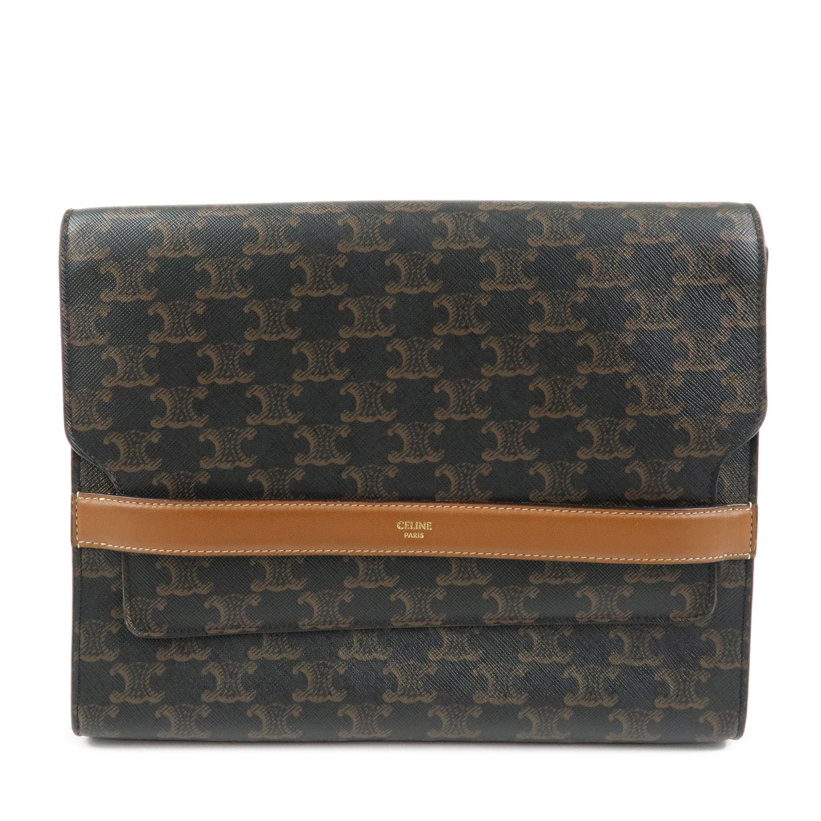 CELINE Triomphe PVC Leather Clutch Bag Pouch Black Brown
