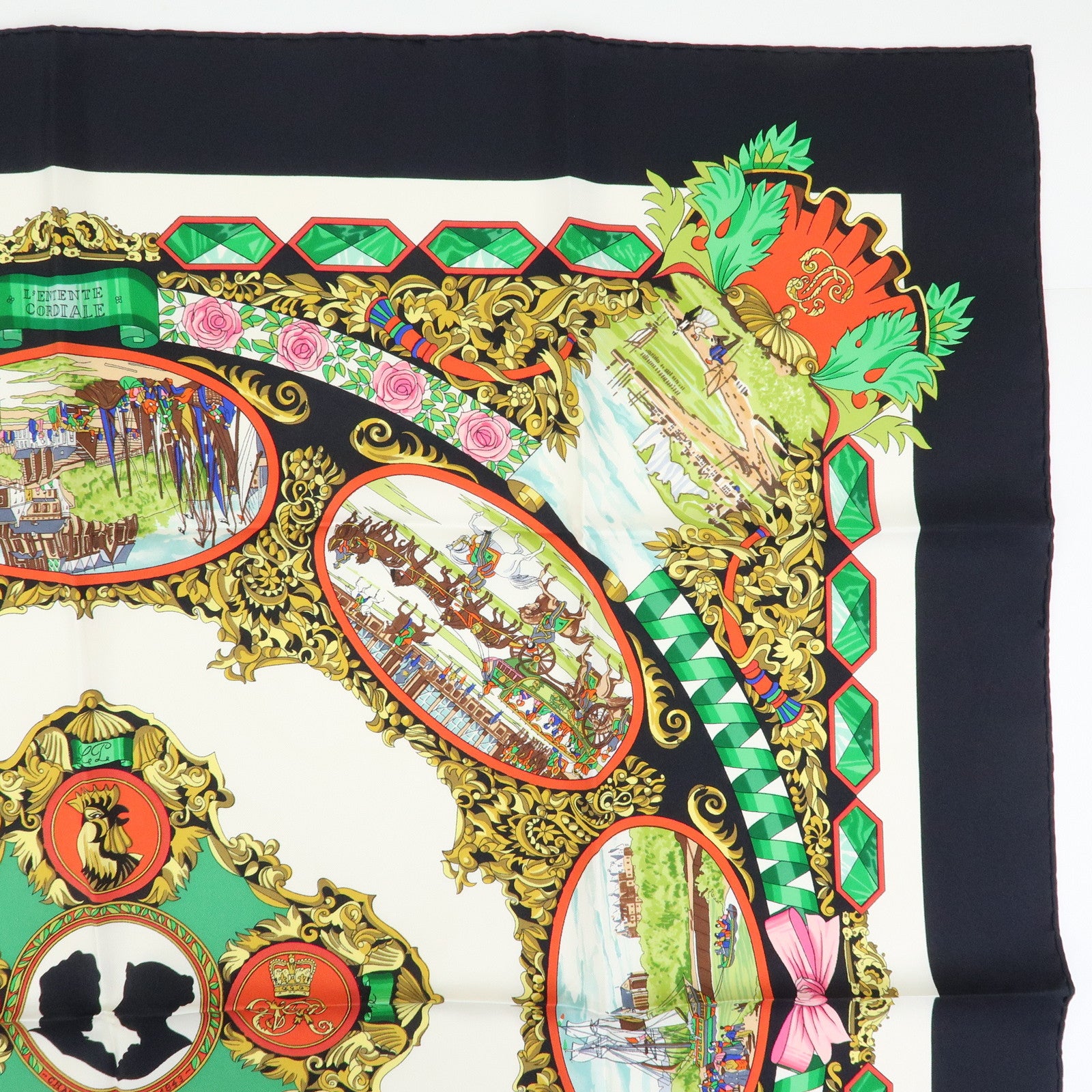 HERMES Carre 90 Silk100% Scarf L'Entente Cordiale Black White Green