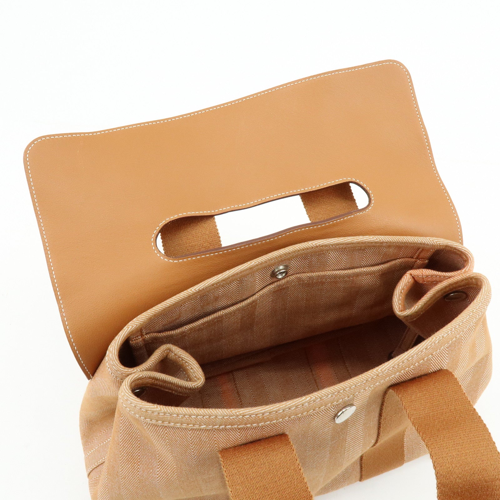HERMES Valparaiso PM Toile Chevron Leather Tote Bag □L Stamped