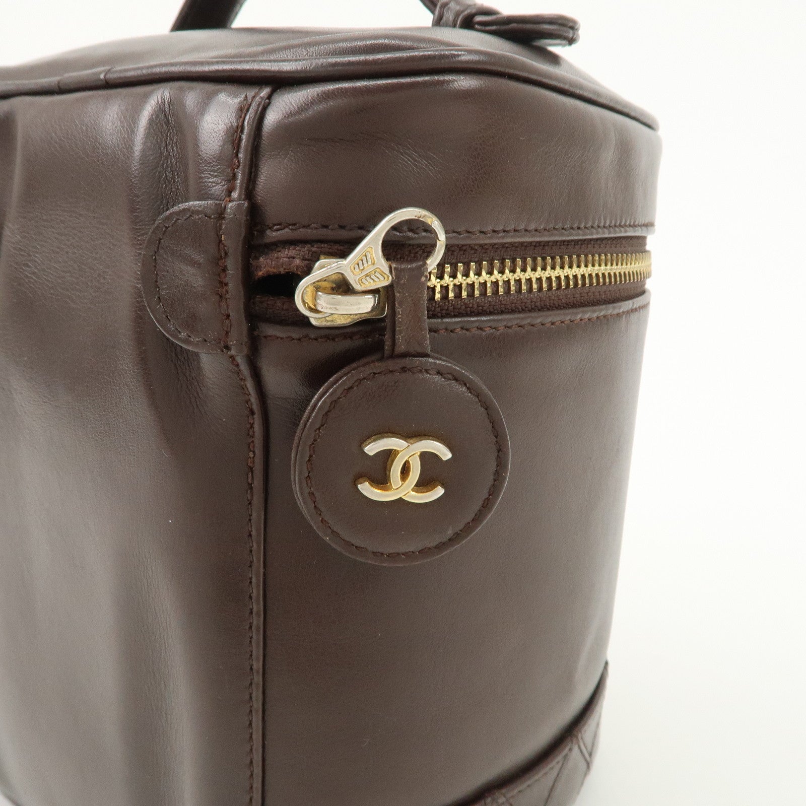 CHANEL COCO Mark Leather Vanity Bag Hand Bag Cosmetic Bag Brown A01998
